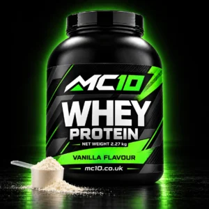 MC10 vanilla whey protein, 2.27 kg tub and scoop on a black background with green lighting